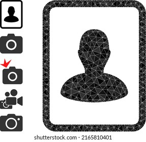 Die Foto-Icon-Illustration von Vektorgrafiken mit Low-Poly-Menschen ist aus randomisierten, gefüllten Dreiecken entworfen. Triangulated man Foto polygonal 2d Vektorgrafik.