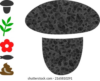 La ilustración de icono de hongos vectoriales de bajo nivel se combina con triángulos rellenos aleatorizados. Ilustración vectorial 2d poligonal de hongos triangulados.