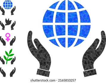 Vector low-poly peace care hands icon illustration constructed with chaotic filled triangle items. Triangle peace care hands polygonal 2d vector illustration.