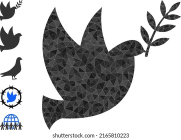 Vector lowpoly peace dove icon illustration designed of random filled triangles. Triangulated peace dove polygonal symbol vector illustration.