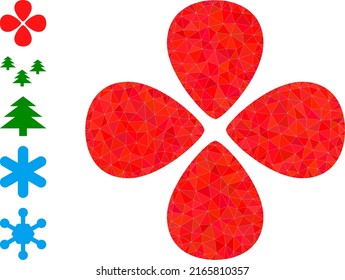 Vector lowpoly petals icon illustration is combined with chaotic filled triangles. Triangulated petals polygonal 2d vector illustration. Flat geometric lowpoly illustration based on petals pictogram.