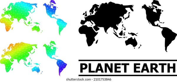 Vector low-poly rainbow colored map of Earth with diagonal gradient. Triangulated map of Earth polygonal illustration.