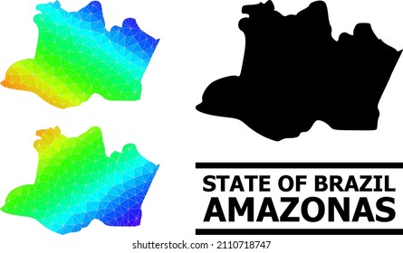 Vector low-poly rainbow colored map of Amazonas State with diagonal gradient. Triangulated map of Amazonas State polygonal illustration.