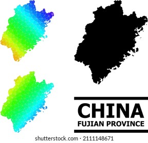 Vector lowpoly rainbow colored map of Fujian Province with diagonal gradient. Triangulated map of Fujian Province polygonal illustration.