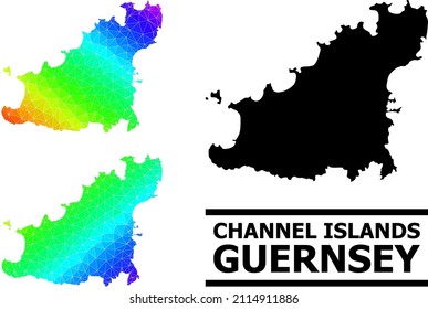 Vector low-poly rainbow colored map of Guernsey Island with diagonal gradient. Triangulated map of Guernsey Island polygonal illustration.