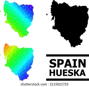 Vector lowpoly rainbow colored map of Hueska Province with diagonal gradient. Triangulated map of Hueska Province polygonal illustration.