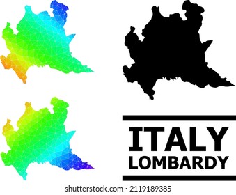 Vector lowpoly rainbow colored map of Lombardy region with diagonal gradient. Triangulated map of Lombardy region polygonal illustration.