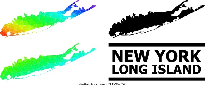 Vector Low-poly Rainbow Colored Map Of Long Island With Diagonal Gradient. Triangulated Map Of Long Island Polygonal Illustration.