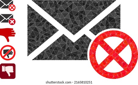 Vector low-poly reject leter icon illustration is combined with randomized filled triangles. Triangulated reject leter polygonal icon vector illustration.