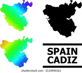 Vector low-poly spectral colored map of Cadiz Province with diagonal gradient. Triangulated map of Cadiz Province polygonal illustration.