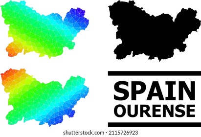Vector low-poly spectral colored map of Ourense Province with diagonal gradient. Triangulated map of Ourense Province polygonal illustration.