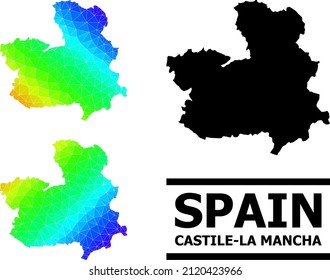 Vector low-poly spectral colored map of Castile-La Mancha Province with diagonal gradient. Triangulated map of Castile-La Mancha Province polygonal illustration.