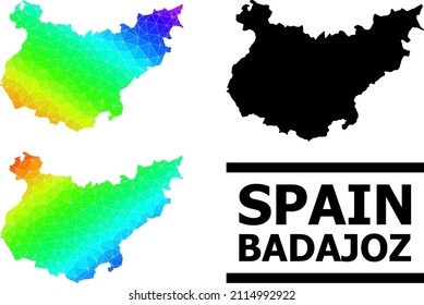 Vector lowpoly spectrum colored map of Badajoz Province with diagonal gradient. Triangulated map of Badajoz Province polygonal illustration.