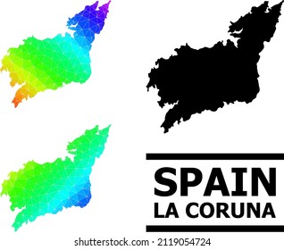 Vector low-poly spectrum colored map of La Coruna Province with diagonal gradient. Triangulated map of La Coruna Province polygonal illustration.