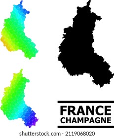 Vector lowpoly spectrum colored map of Champagne Province with diagonal gradient. Triangulated map of Champagne Province polygonal illustration.