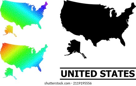 Vector low-poly spectrum colored map of USA and Alaska with diagonal gradient. Triangulated map of USA and Alaska polygonal illustration.