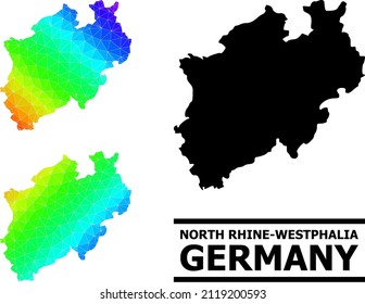 Vector low-poly spectrum colored map of North Rhine-Westphalia State with diagonal gradient. Triangulated map of North Rhine-Westphalia State polygonal illustration.