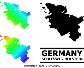 Vector lowpoly spectrum colored map of Schleswig-Holstein State with diagonal gradient. Triangulated map of Schleswig-Holstein State polygonal illustration.