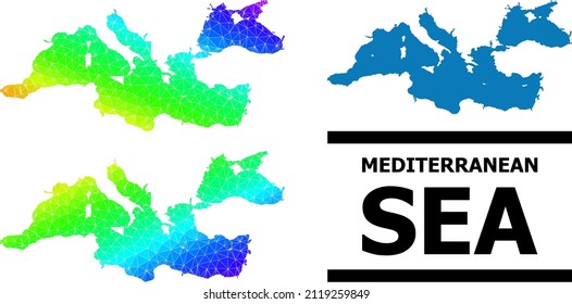 Vector low-poly spectrum colored map of Mediterranean Sea with diagonal gradient. Triangulated map of Mediterranean Sea polygonal illustration.