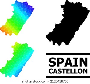 Vector low-poly spectrum colored map of Castellon Province with diagonal gradient. Triangulated map of Castellon Province polygonal illustration.