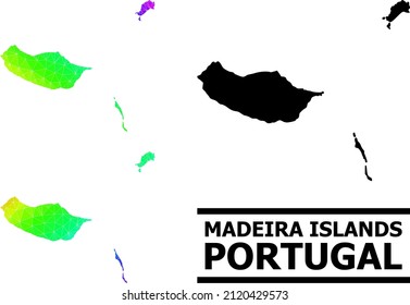 Vector low-poly spectrum colored map of Madeira Islands with diagonal gradient. Triangulated map of Madeira Islands polygonal illustration.