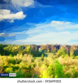Vector low-poly triangular modern style landscape forest and blue sky