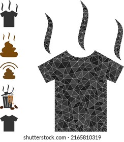 La imagen del ícono del olor de la camiseta de baja polilla vectorial se construye con triángulos rellenos al azar. Pinzas trianguladas con olor a vectores 2d poligonales.