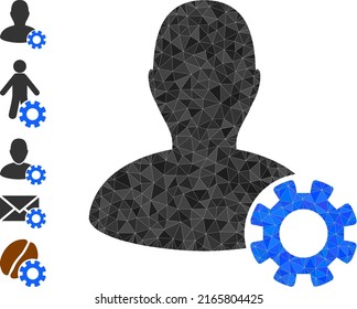 Vector lowpoly user configuration icon illustration combined with chaotic filled triangle items. Triangle user configuration polygonal icon vector illustration.