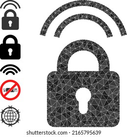 Vector low-poly wifi lock icon illustration is combined with scattered filled triangle items. Triangle wifi lock polygonal symbol vector illustration.