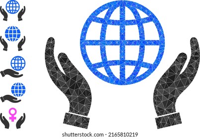 Vector low-poly world care hands icon illustration is designed from chaotic filled triangle parts. Triangle world care hands polygonal icon vector illustration.
