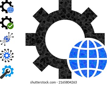 Vector low-poly world settings icon illustration is designed with randomized filled triangle parts. Triangulated world settings polygonal symbol vector illustration.