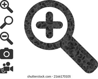Zoom vectorial de baja polilla en la ilustración de icono construida con partes triangulares cargadas caóticas. Zoom triangular en ilustración vectorial de iconos poligonales. Símbolo de malla geométrica plana basado en el icono de acercamiento.