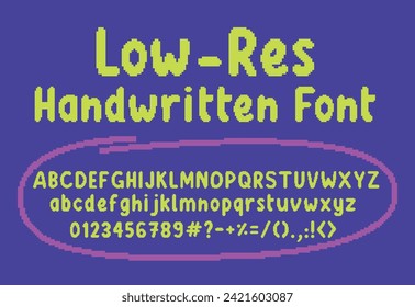 Vector Low-Res Handwritten font alphabet, numbers and symbols