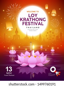 Vector Loy Krathong festival building and landmark thailand banners on orange background, illustration