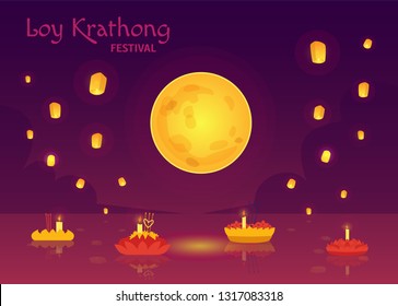 Vector Loy Krathong festival poster. Traditional Thailand, Laos religious celebration with water small boats with candles and glowing lanterns. Thai festive cultural background template/