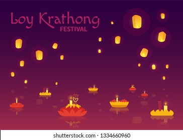 Vector Loy Krathong festival poster. Traditional Thailand, Laos religious celebration with water small boats with candles and glowing lanterns. Thai festive cultural background template/