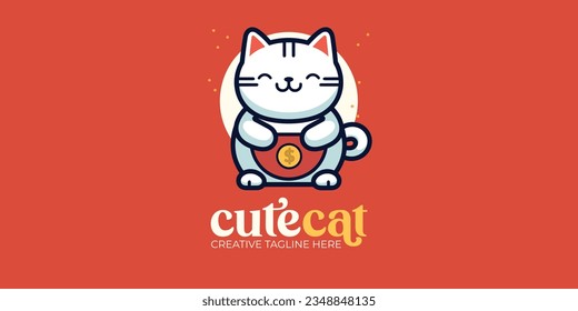 Perfusión por vectores de suerte: Ilustración de Gato de Moneda de Maneki Neko para logotipo, icono, diseño, afiche, volante y publicidad