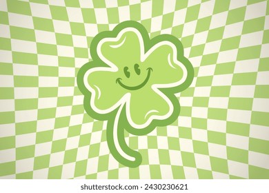 Vector lucky clover is on retro background in groovy style. Vintage groovy poster with four leaf lucky clover.