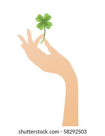 Vector lucky clover with waterdrops in a female hand, Saint Patrick's Day.