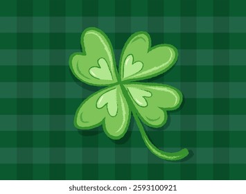 Vector lucky four leaf clover is on green plaid pattern for Patrick's day. Four leaf lucky clover poster. Shamrock.