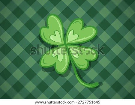 Vector lucky four leaf clover is on green irish plaid pattern for Patrick's day. Four leaf lucky clover poster. Shamrock.