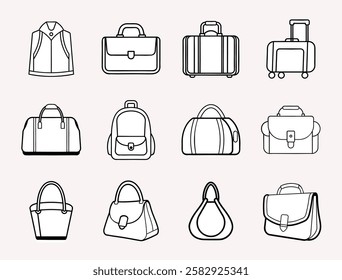 Vector luggage and bag icons featuring stylish travel essentials in minimalist outline design.