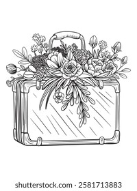 Vector Luggage bag vintage style bag, floral arrangement, black and white illustration, isolated, print