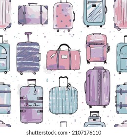 Vector luggages baggage hand drawn seamlemss pattern background