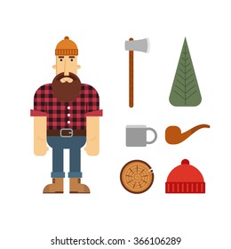 Vector Lumberjack cartoon character with lumberjack icons. Lumberjack isolated on white background. Lumber axe, wood pipe and beanie.