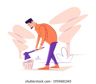 Vector lumberjack chopping wood in shadow of sharp lines style