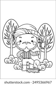 a vector of a lumberjack in the forest in black and white coloring