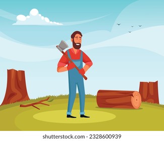 vector lumberjack in the forest cutting down trees with an axe