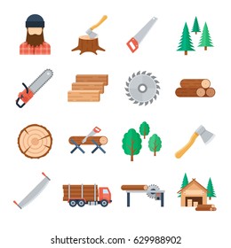 Vector lumberjack icons set in flat style on white background. Tools and equipment of the lumberjack to tree cutting and harvest timbe. Icons of the wood industry and woodworking.