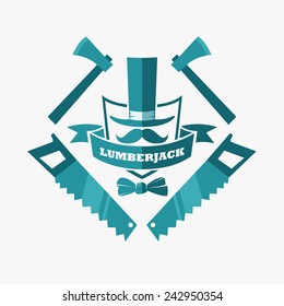Vector lumberjack logo coat of arms in flat minimal style with hipster mustaches, bow tie and  hat